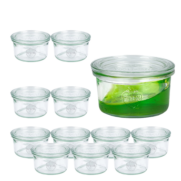 Conjunto de 12 copos de vidro Weck de 165ml com 12 tampas de vidro Conjunto de 12 copos de vidro Weck de 165ml com 12 tampas de vidro