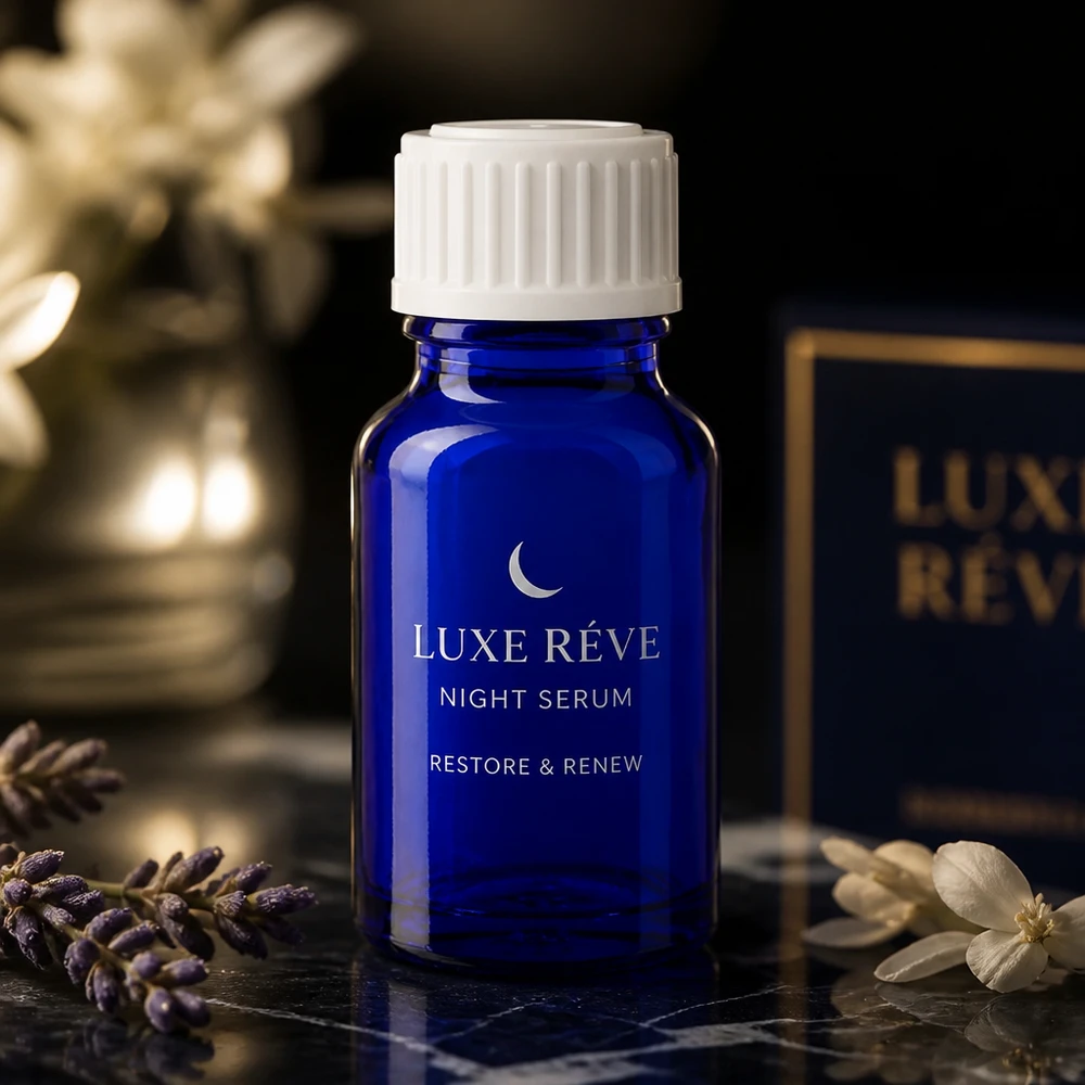 Frasco de farmácia azul 10ml tampa de rosca branco standard Sérum noturno Luxe Reve num frasco de farmácia azul cobalto de 10 ml com tampa de rosca branca