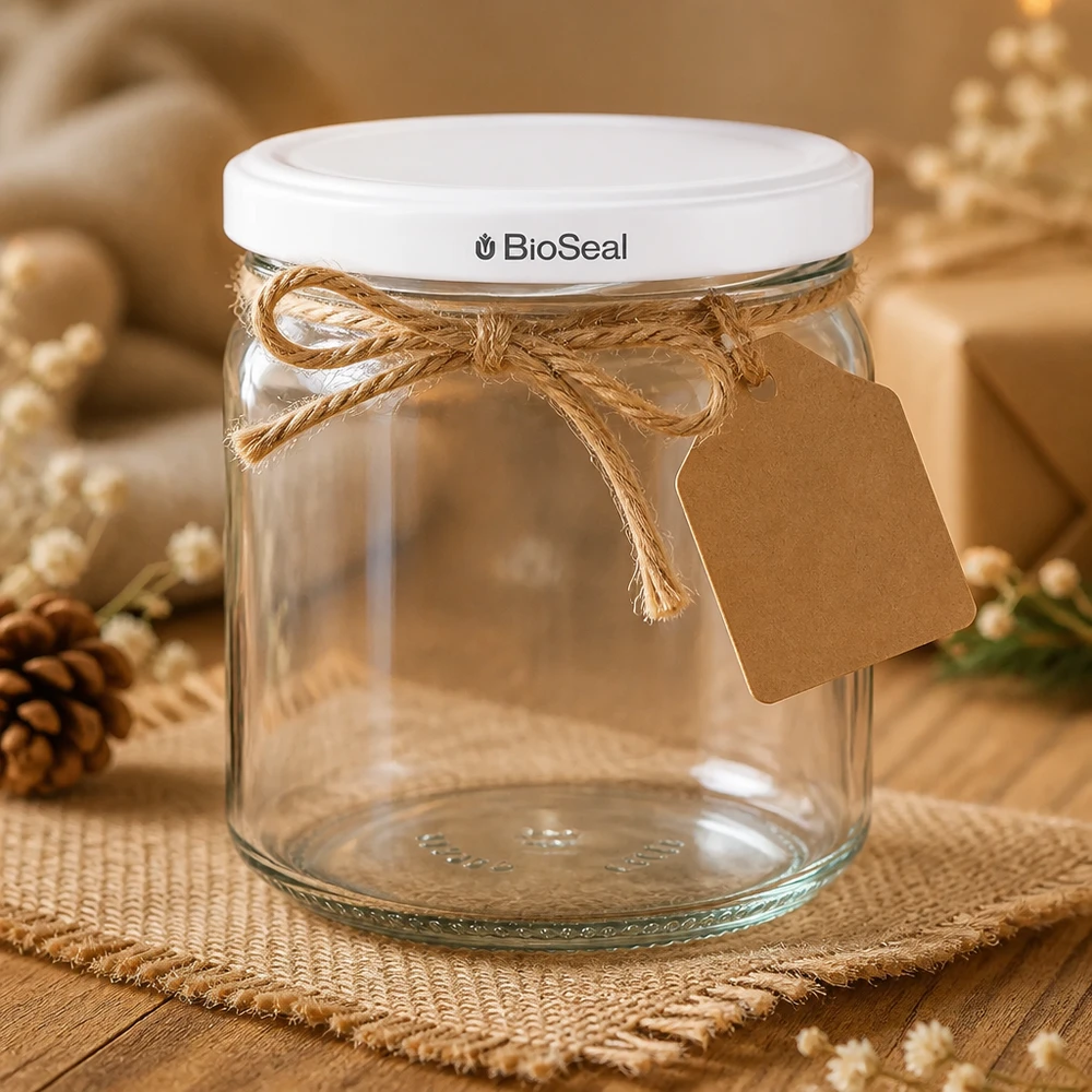 Frasco redondo de 408 ml com tampa BioSeal branca UNiTWIST UNiTWIST Runda408 dekorativ mit Juteschleife und Geschenkanhänger - stilvoll verpacktes Einmachglas als Geschenkidee
