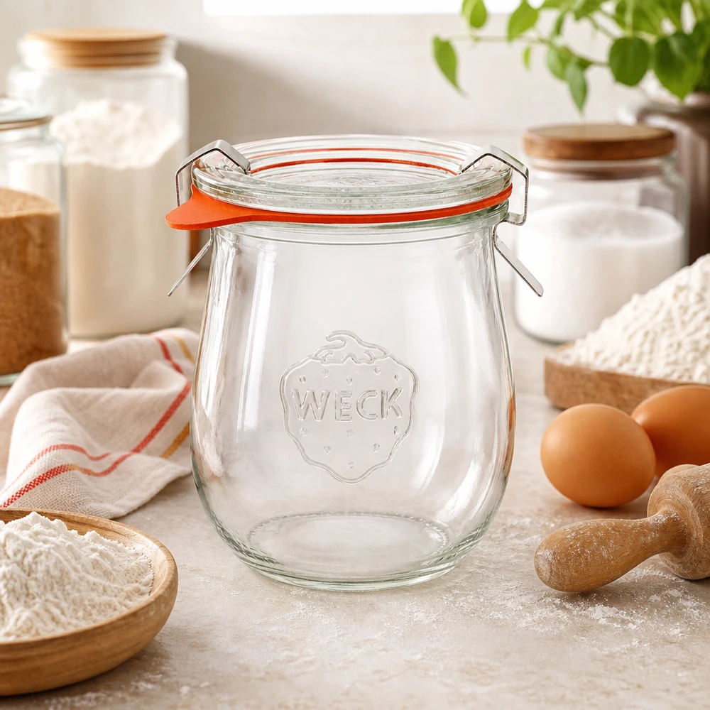 Frasco tulipa WECK 220ml RR60 em pastelaria com farinha ovos e utensílios de cozinha frasco de conservação para ingredientes de pastelaria