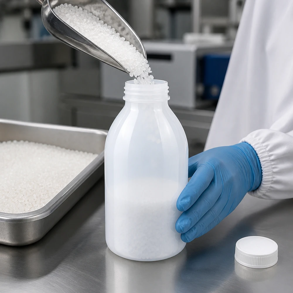Frasco de rosca de 500ml, frasco de laboratório com gargalo estreito Weißes Granulat wird über Metalltrichter in 500ml Enghals Laborflasche gefüllt
