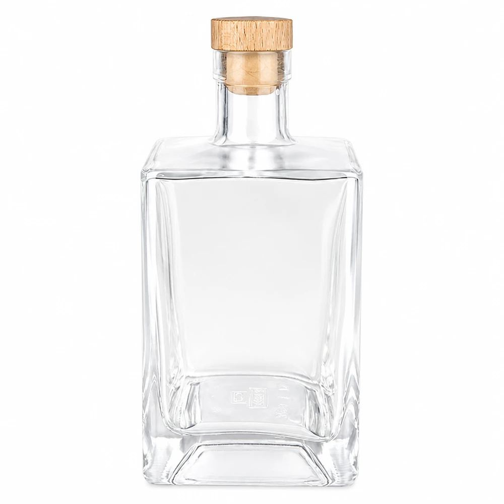 700ml Glasflasche "Gali" mit Holzgriffkorken UNiTWIST® Garrafa de vidro de 700 ml Ben com pega de madeira e rolha UNiTWIST garrafa de uísque para bebidas espirituosas vazia, transparente e de forma retangular