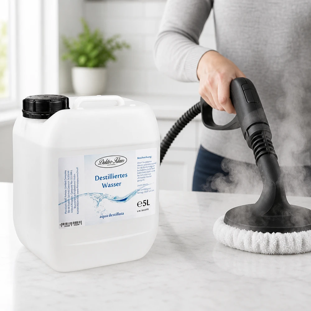 A máquina de limpeza a vapor é enchida com 5 litros de água destilada Doktor-Klaus para uma limpeza sem calcário