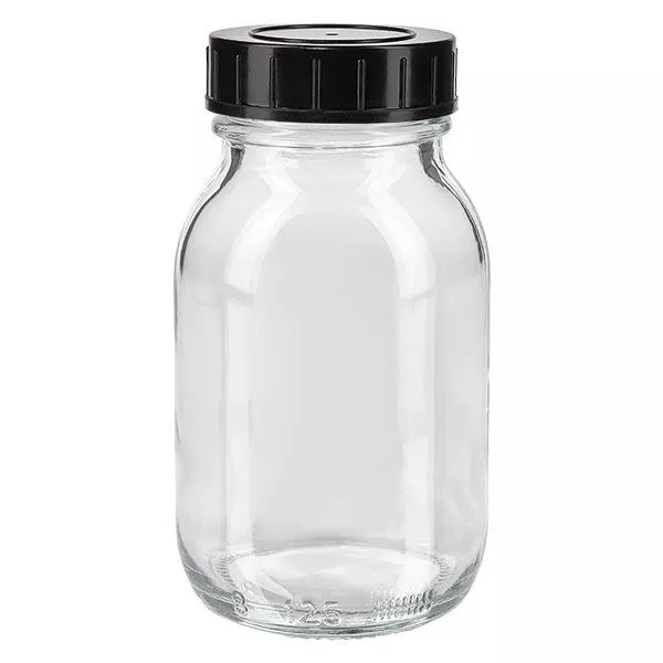 Garrafa de 125ml com gargalo largo, vidro transparente e tampa de rosca