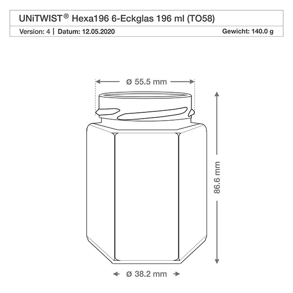 Frasco hexa 196ml sem tampa (TO58) UNiTWIST UNiTWIST Hexa196 Frasco hexagonal de 196 ml com rosca TO58 desenho técnico com dimensões de 55,5 mm de diâmetro