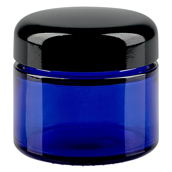 Frasco de vidro de 50ml. azul real, com tampa preta de baquelite ApoGlas