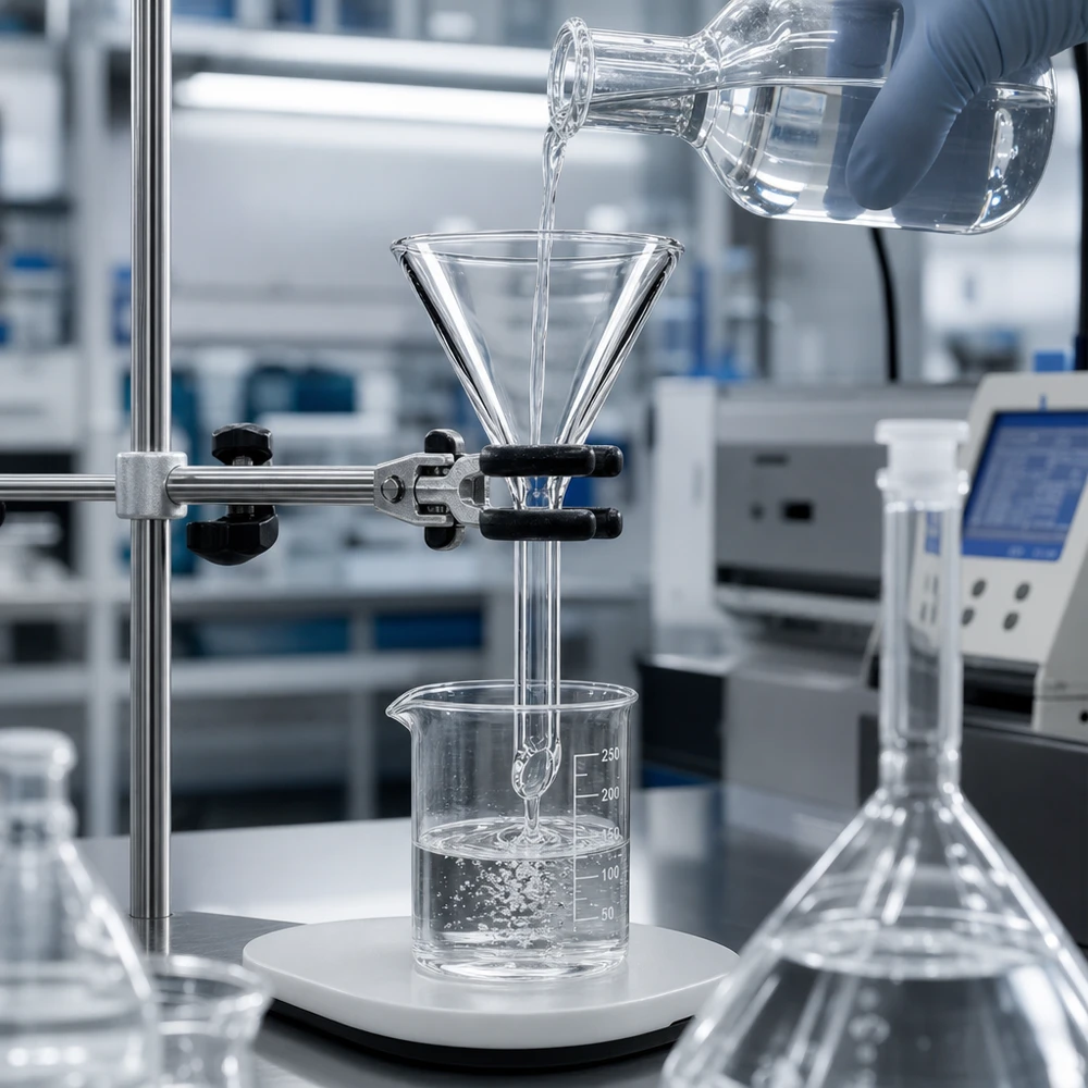 Funil ø30mm cal sodada, ângulo 60°, estilo curto Funil de laboratório compacto em vidro de cal sodada com abertura de 30 mm para uma filtragem e separação eficazes