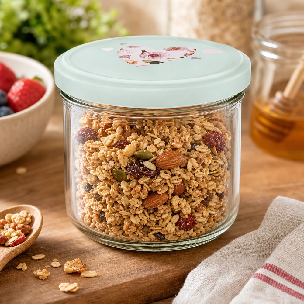 Copos de vidro de 260 ml + tampa BasicSeal coração menta UNiTWIST Copos de 260 ml com tampa BasicSeal cheios de muesli e nozes, frasco de vidro para cereais de pequeno-almoço