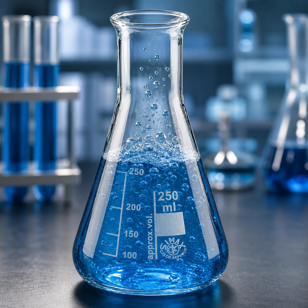 Frasco Erlenmeyer profissional de 250 ml com líquido de ensaio azul e formação de bolhas no laboratório de química