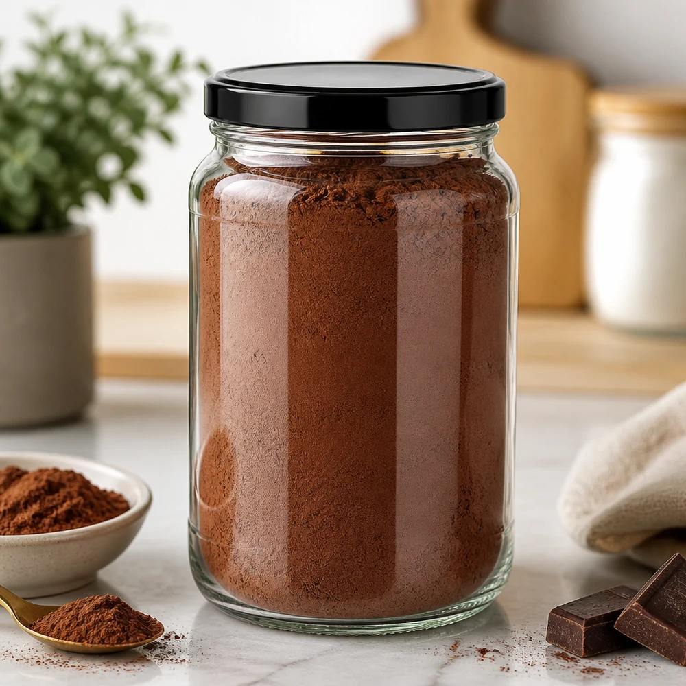 Frasco redondo de 1700 ml com tampa BasicSeal preta UNiTWIST Cacau em pó num frasco redondo de 1700 ml com tampa preta Armazenamento em cenários de cozinha Recipiente de armazenamento de chocolate em pó