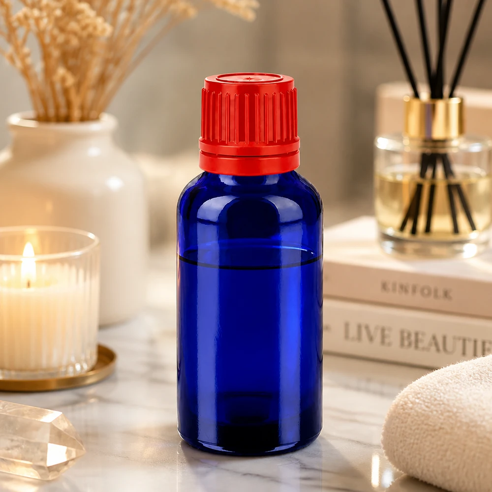 Frasco de vidro azul-cobalto de 30 ml com rosca UT18 para armazenamento seguro de essências e tinturas