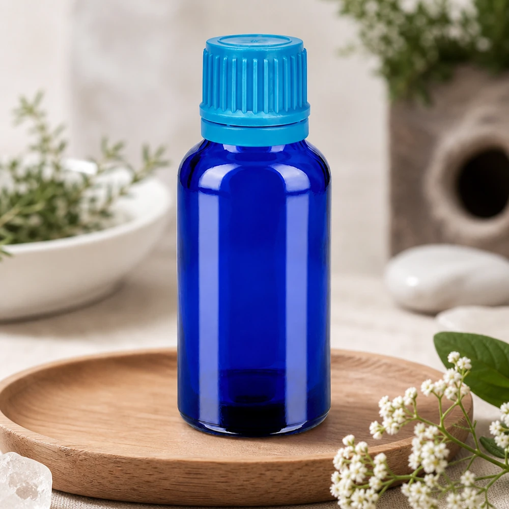 Frasco de 30 ml com tampa de rosca de 11 mm azul com fecho inviolável BlueLine UT18/30 Pequeno frasco de boticário de 30 ml em vidro azul com tampa de segurança para crianças para uma conservação segura