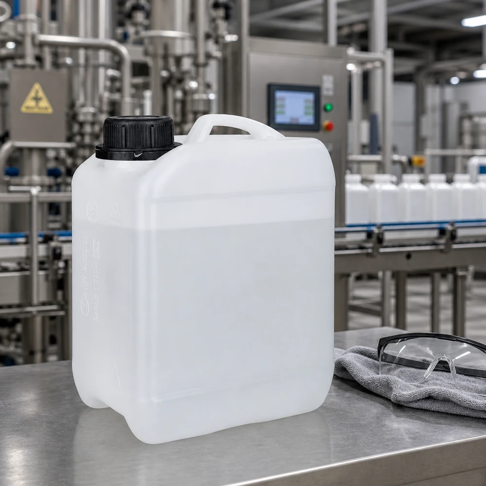 Bidão 2,5 litros com tampa de rosca com fecho inviolável Recipiente compacto de 2,5 litros com tampa de rosca OV sobre uma bancada de aço inoxidável num ambiente industrial