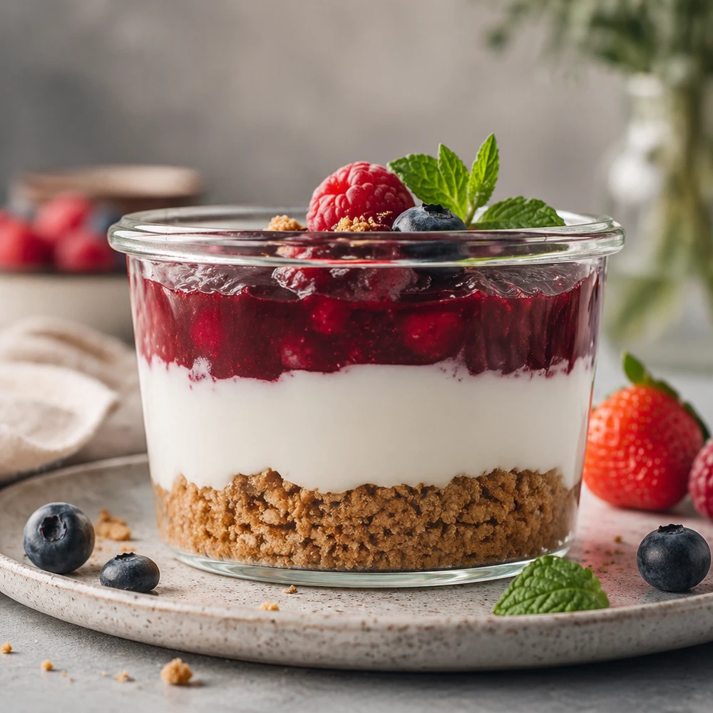 Frasco de vidro cônico WECK RR40 de 35 ml Frasco de vidro de 35 ml com sobremesa em camadas de base de biscoito, creme branco e compota de frutos silvestres decorada com hortelã