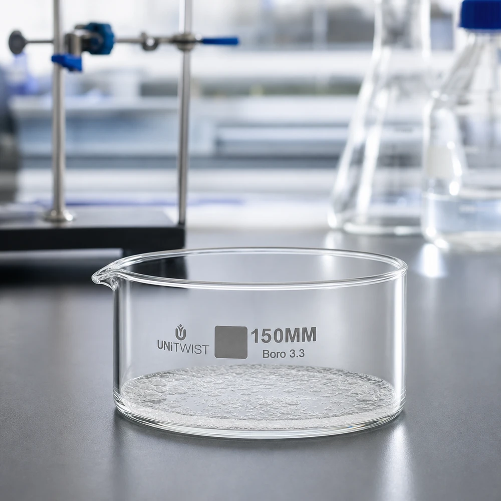 Placa de cristalização ø150mm em vidro borossilicato UNiTWIST Taça de cristalização UNiTWIST, ø 150 mm, vidro borossilicato 3.3, vazia, sobre uma mesa de laboratório com equipamento de laboratório