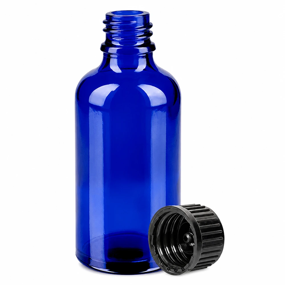 Frasco de vidro azul de 50 ml com tampa de rosca para produtos farmacêuticos e tinturas