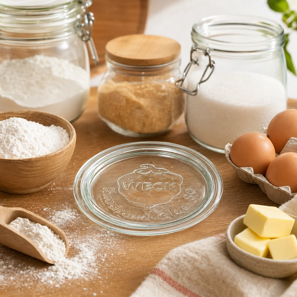 Tampa de vidro WECK RR80 rodeada de ingredientes de pastelaria como farinha, ovos, manteiga e leite numa cozinha rústica sobre uma mesa de madeira