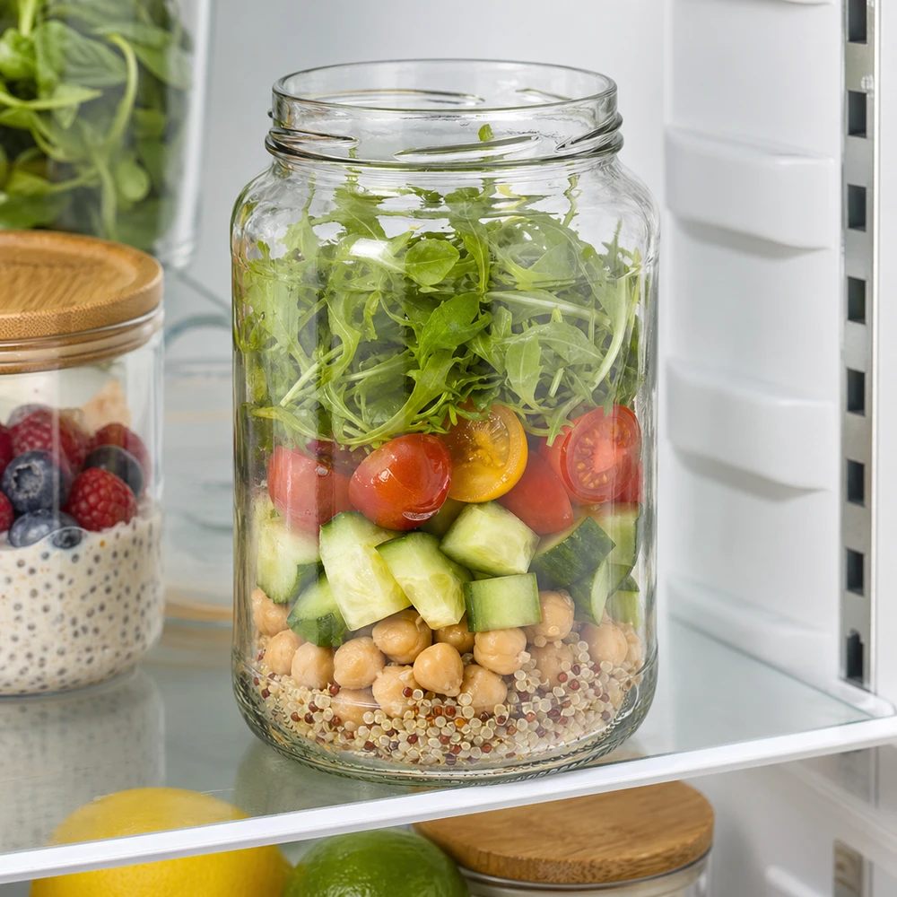 Frasco redondo de 1700ml sem tampa (TO100) UNiTWIST UNiTWIST Runda1700 copos 1700ml TO100 com salada em camadas quinoa grão-de-bico pepino tomate rúcula no frigorífico
