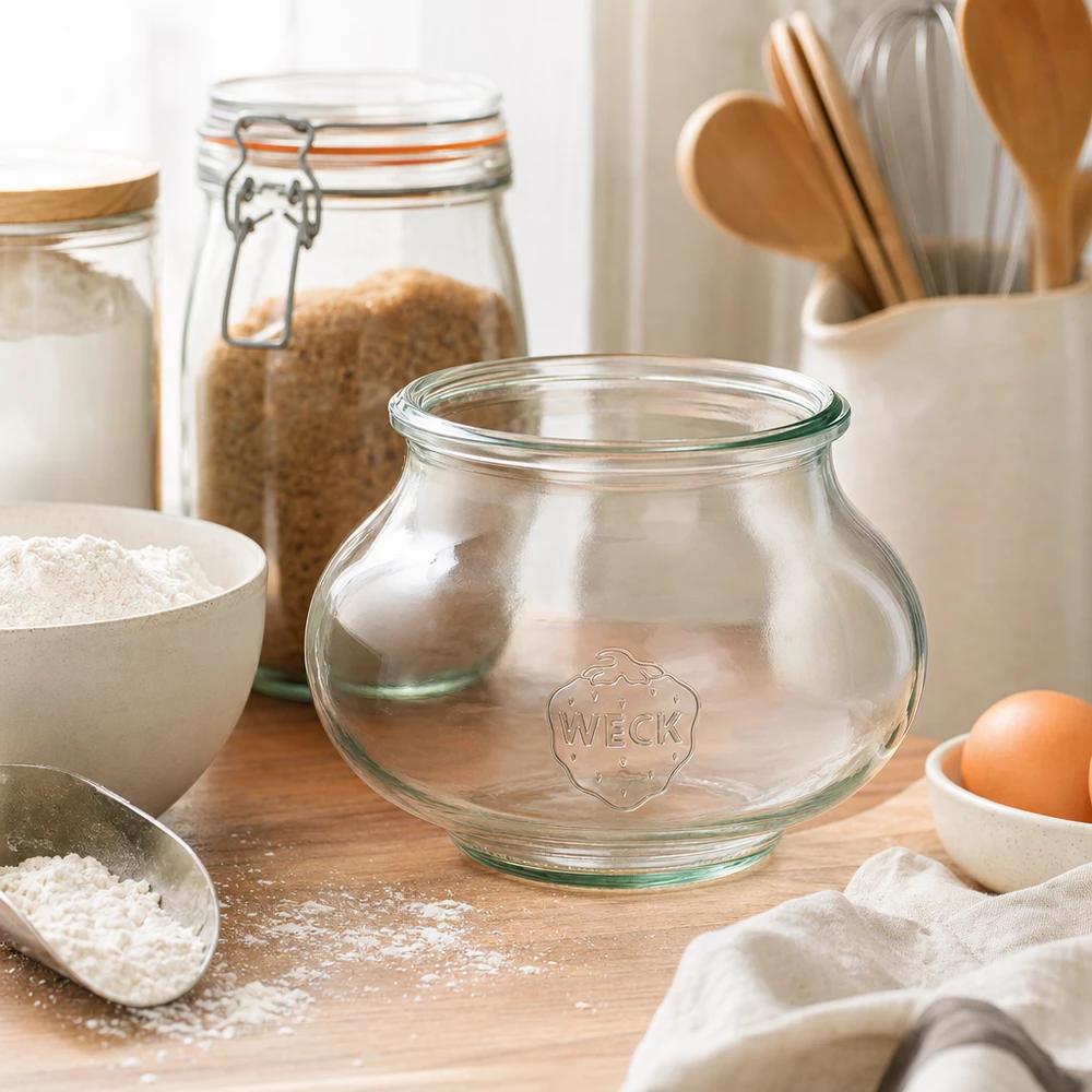 Frasco decorativo WECK RR80 de 560 ml Frasco decorativo WECK 560ml RR80 frasco vazio em cena de cozinha com ingredientes de pastelaria, farinha, ovos e utensílios de madeira
