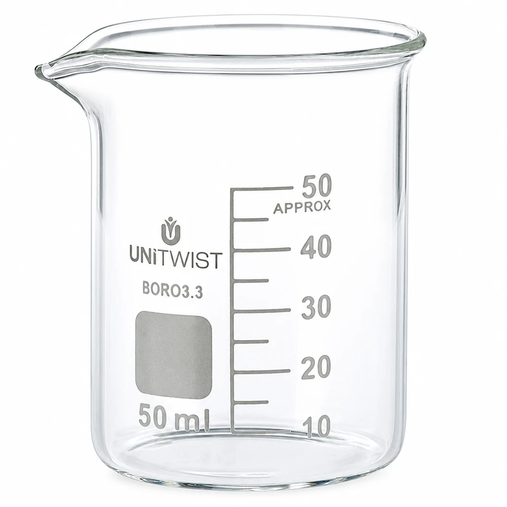 Copo 50 ml de borossilicato, baixo teor de bolor UNiTWIST Copo de 50 ml em vidro borossilicato, de formato baixo com escala, UNiTWIST BORO 3.3, transparente