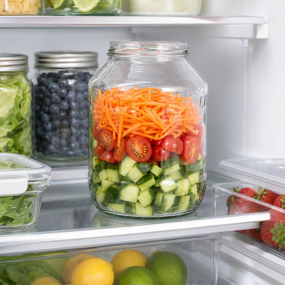 Frasco redondo de 2650 ml sem tampa (TO100) UNiTWIST UNiTWIST Runda2650 copos 2650ml no frigorífico com salada em camadas de pepino, tomate e cenoura Preparação da refeição