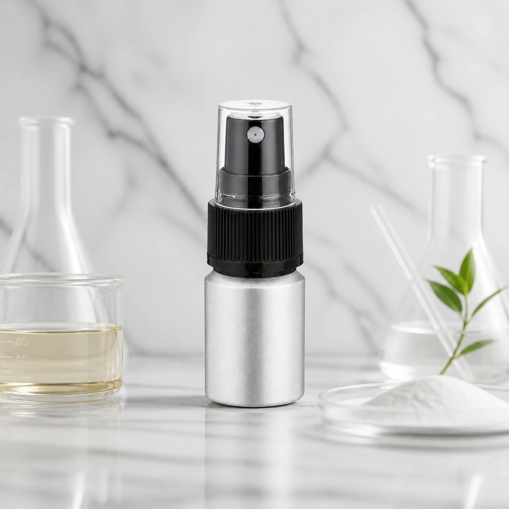 Pequeno frasco de spray de alumínio de 10 ml com atomizador para levar em viagem prateado mate