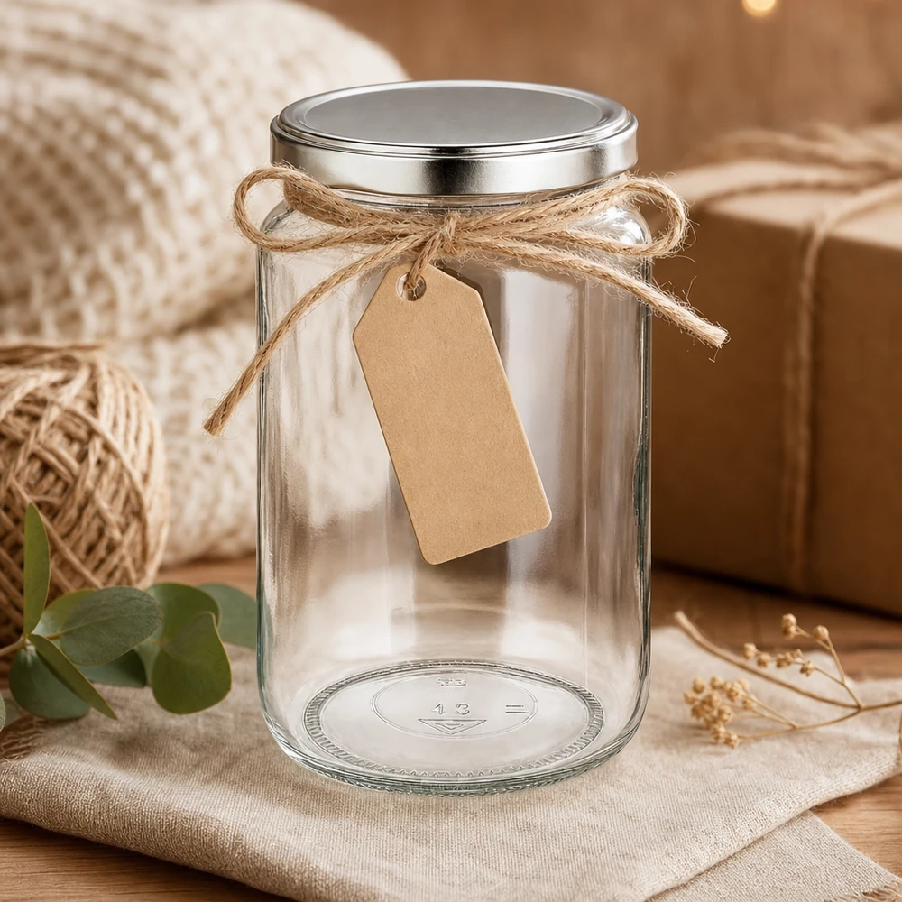 Frasco redondo de 795 ml com tampa BasicSeal decorativo com cordão de juta e etiqueta de oferta como embalagem de oferta