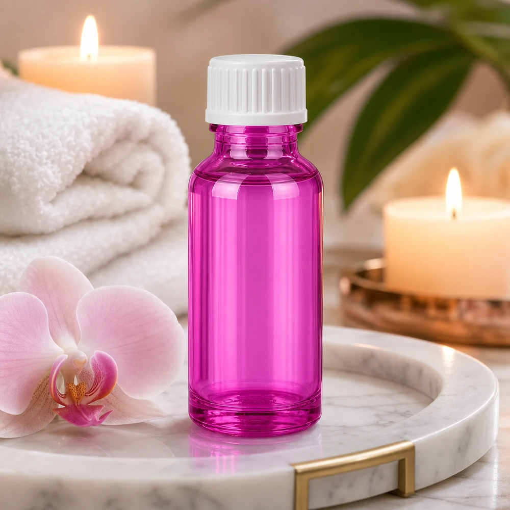 Frasco conta-gotas elegante de 20 ml em roxo brilhante com tampa de rosca branca para aromaterapia