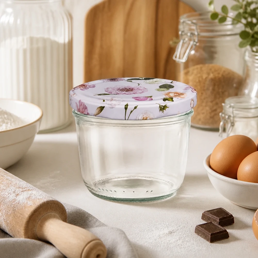 Copos de vidro de 230ml + tampa BasicSeal flor rosa UNiTWIST Copos vazios de 230 ml com tampa BasicSeal padrão floral cor-de-rosa em cena de cozinha com ingredientes de pastelaria e utensílios de cozinha