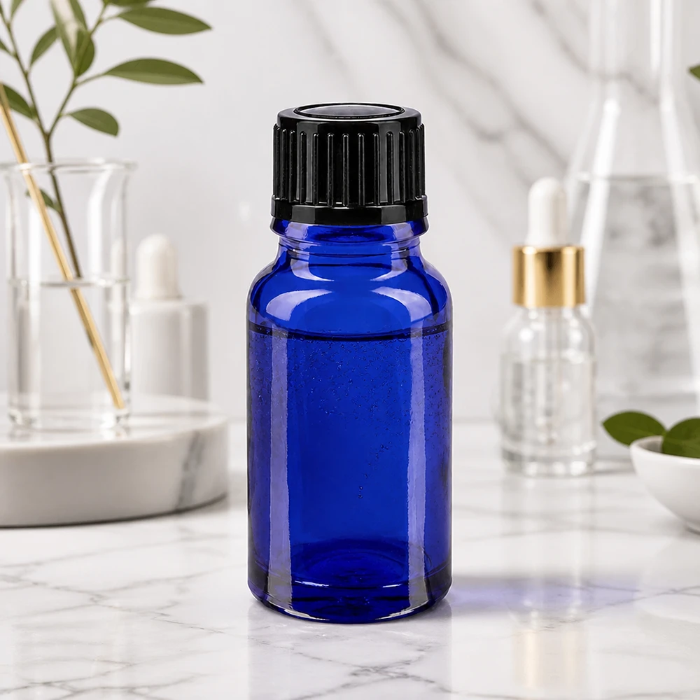 Frasco de vidro azul de 10 ml com abertura precisa de 1 mm e tampa preta com ranhuras, para aplicações laboratoriais
