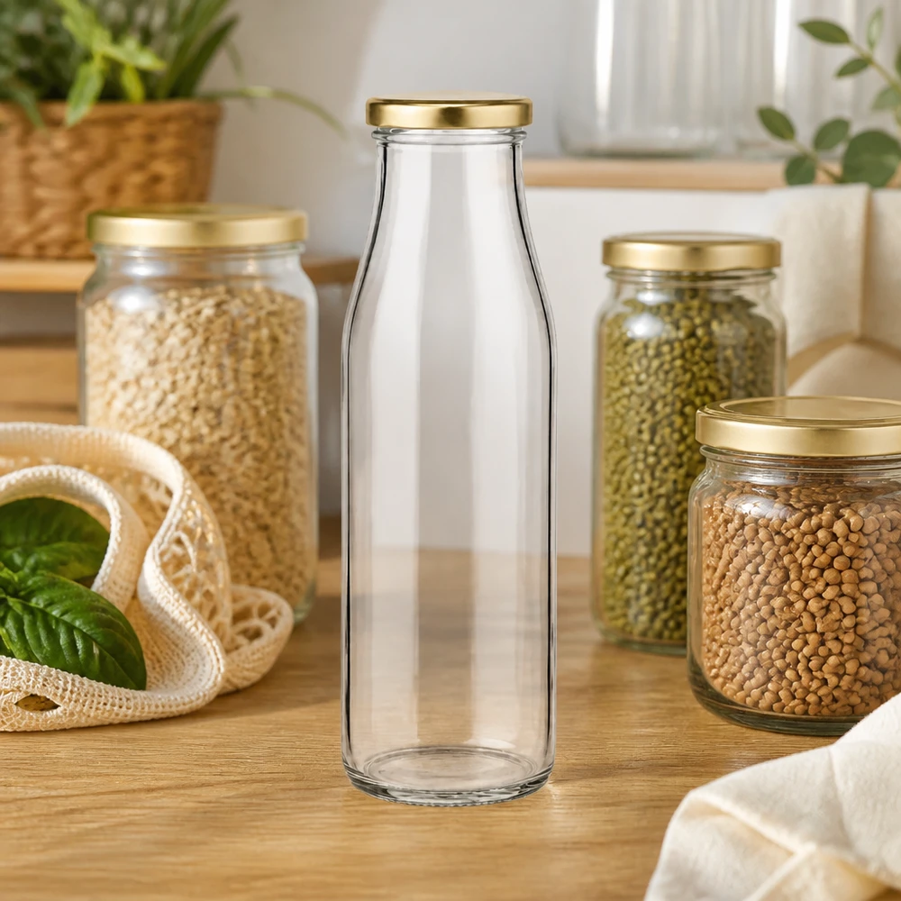 Garrafa de vidro de 500 ml + tampa BasicSeal dourada UNiTWIST 500ml Glasflasche BasicSeal gold in moderner Küche zwischen Vorratsgläsern mit Hülsenfrüchten Zero Waste Lifestyle
