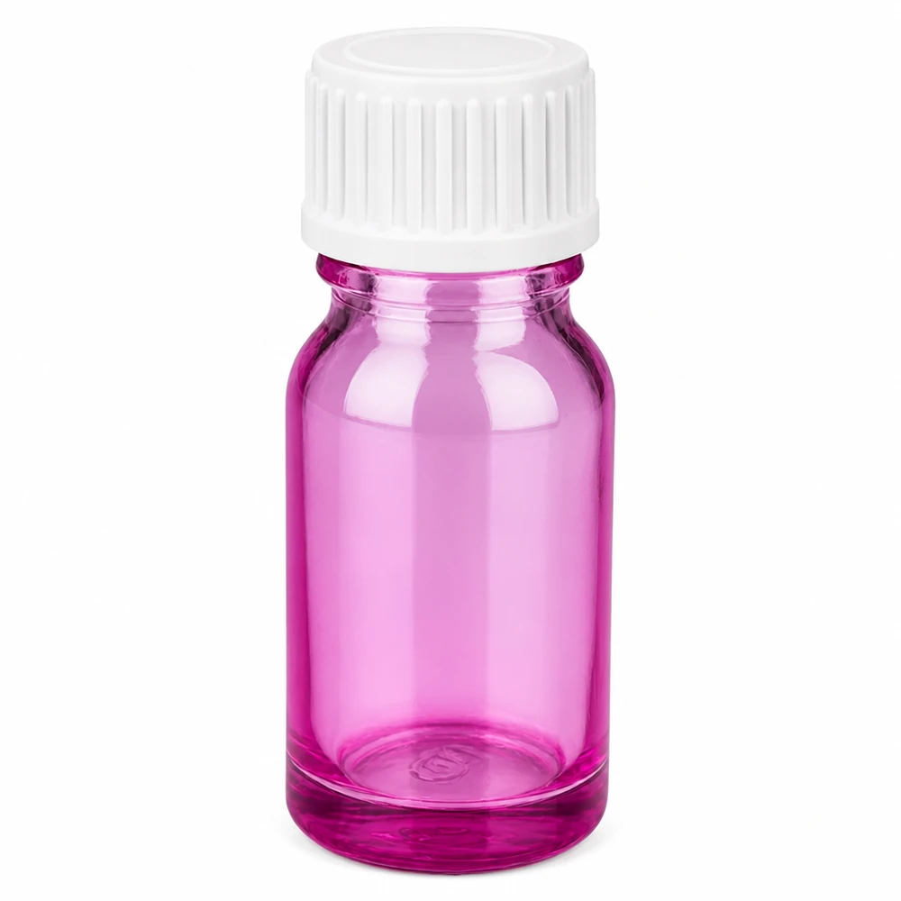 Frasco de vidro de 10 ml em roxo com tampa de rosca branca para óleos essenciais e cosméticos