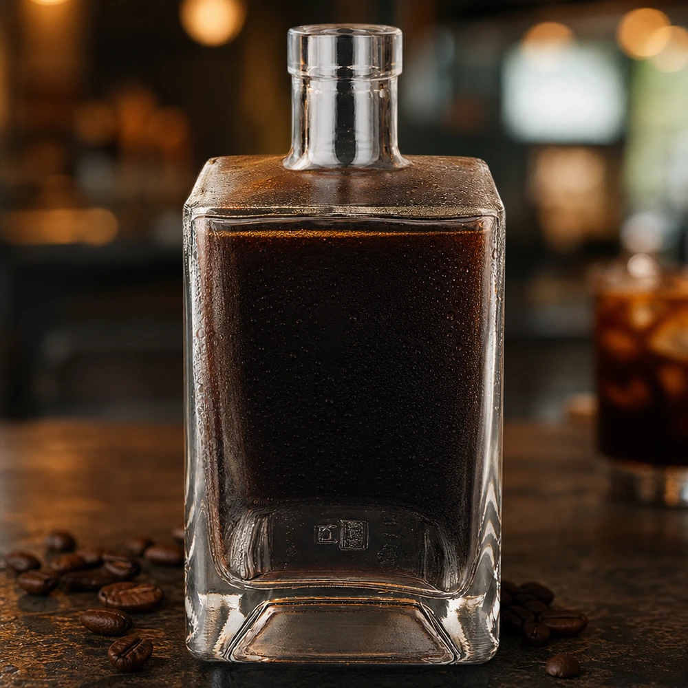 700ml Glasflasche "Gali" ohne Verschluss UNiTWIST® Garrafa de vidro de 700 ml de Ben cheia de licor de café escuro numa mesa de madeira rústica com ambiente de bar com grãos de café
