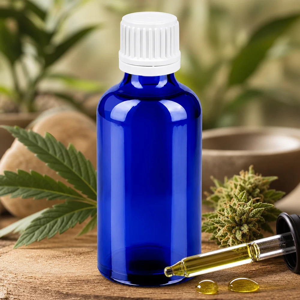 Frasco de vidro azul de 50 ml com pipeta conta-gotas para uma dosagem precisa de extractos e tinturas naturais