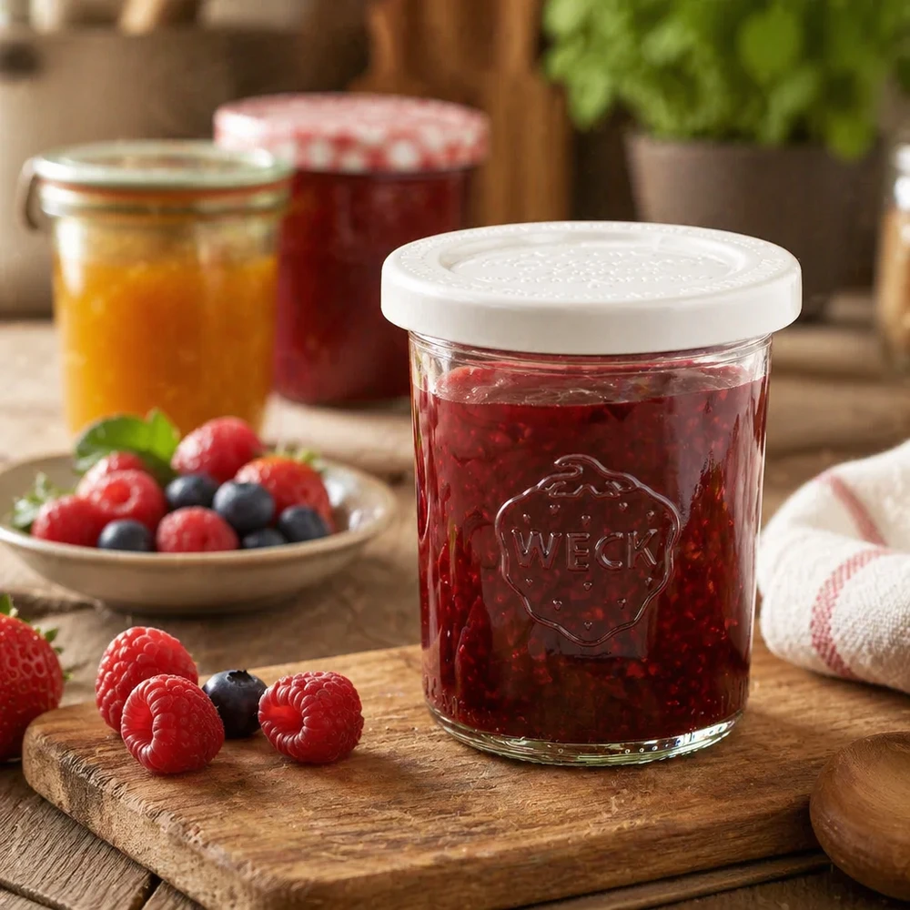 Copos WECK 160ml RR60 cheios de compota de frutos vermelhos numa tábua de madeira ao lado de framboesas e mirtilos frescos