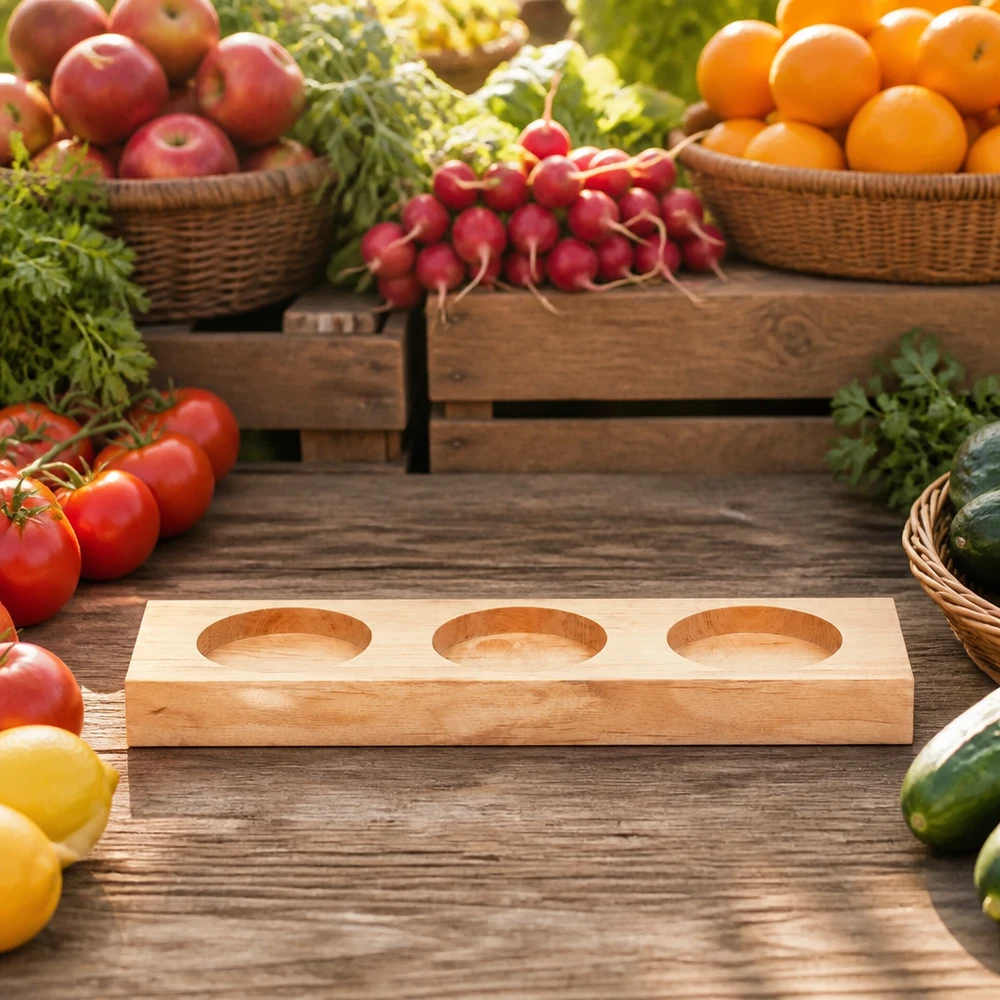 Tábua de servir Plano3 para 3 copos WECK Tábua de servir em madeira Plano3 entre fruta e legumes frescos numa mesa de madeira rústica ao estilo de um mercado de agricultores