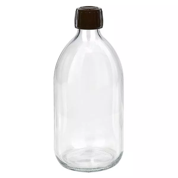 Frasco de medicamento de 500ml transparente, tampa castanha com anel inviolável ApoGlas Frasco de medicamento de 500ml transparente, tampa castanha com anel inviolável ApoGlas