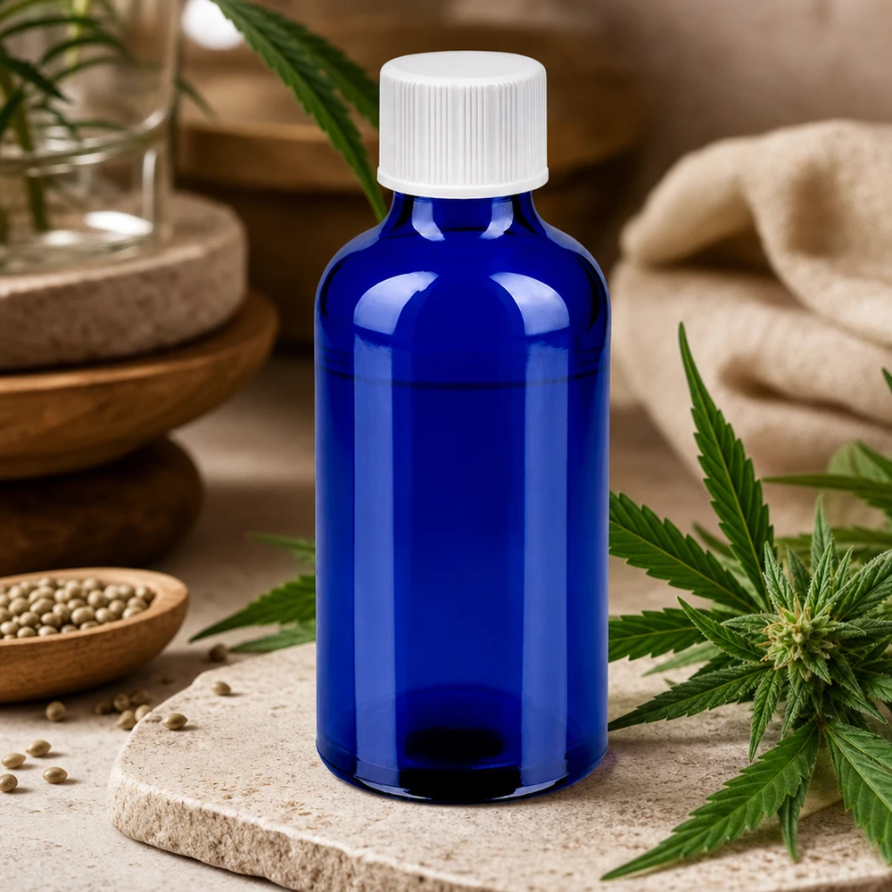 Frasco de boticário compacto de 50 ml em vidro azul com proteção UV e tampa branca de 11 mm
