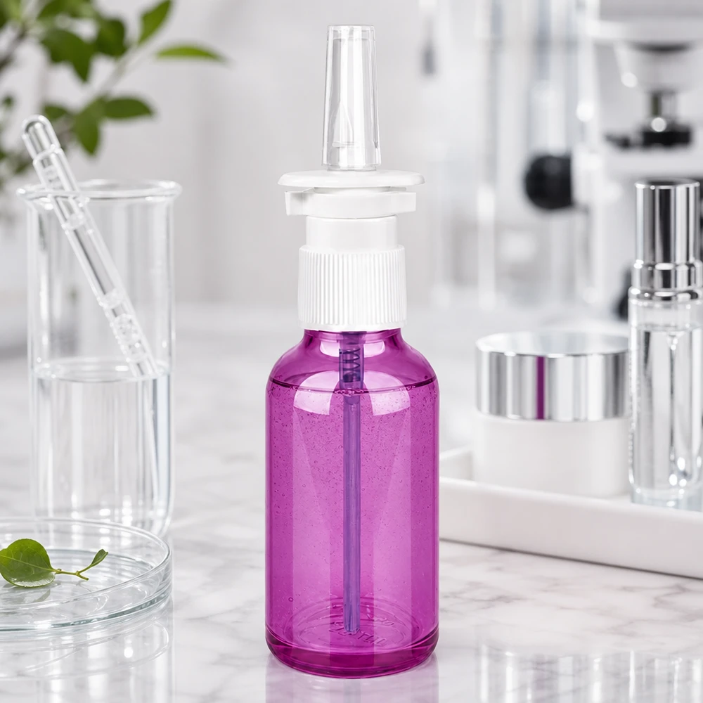 Frasco compacto de 30 ml de spray nasal em plástico transparente com um design moderno em roxo para utilização diária