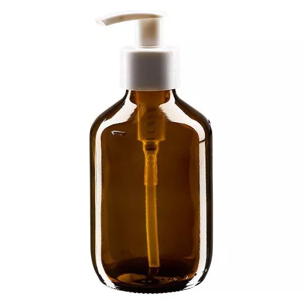 Frasco para medicamentos de 200ml castanho, com bomba dispensadora branca ApoGlas Frasco para medicamentos de 200ml castanho, com bomba dispensadora branca ApoGlas