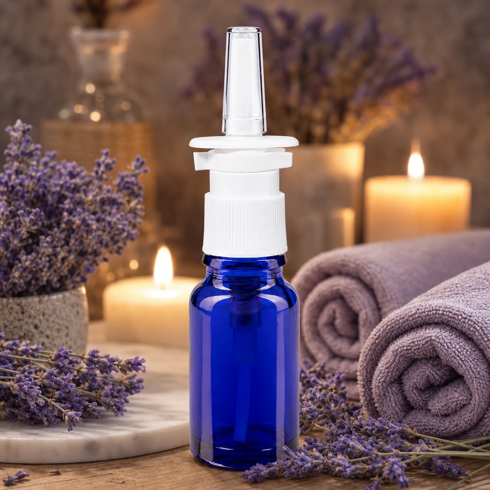 Frasco de spray nasal azul cobalto de 10 ml com mecanismo de bomba branco, num ambiente de spa com aroma a lavanda