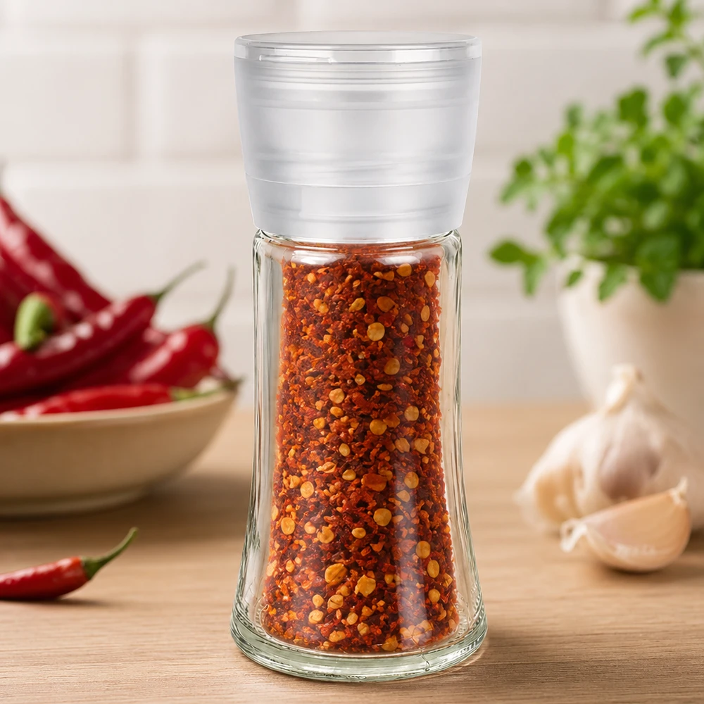 Frasco para sal/especiarias de 95 ml com moinho Vario branco Moinho de especiarias de vidro de 95 ml com tampa de plástico branco, cheio de pimenta em pó, sobre uma base de madeira