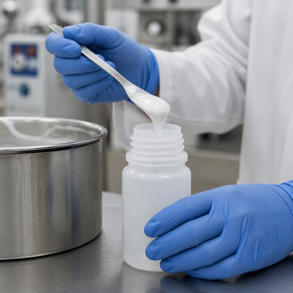 Frasco de laboratório de 50 ml com gargalo largo e sem tampa As luvas seguram um frasco de gargalo largo de 50 ml enquanto a substância cremosa é vertida com uma espátula