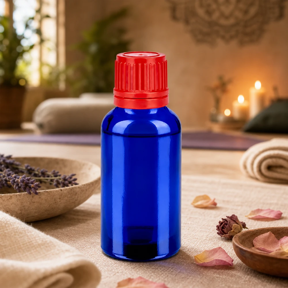 Frasco de 30ml 11mm tampa de rosca vermelha tampa inviolável BlueLine UT18/30 Frasco de vidro de 30 ml de qualidade superior com proteção UV graças ao vidro azul e à tampa vermelha à prova de crianças