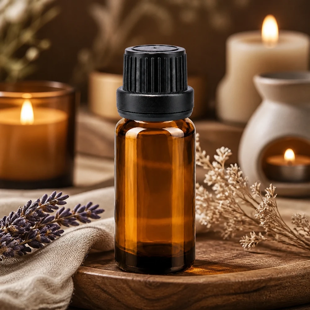 Frasco de vidro de 10 ml na cor âmbar, com tampa de segurança para crianças preta e conta-gotas para aromaterapia