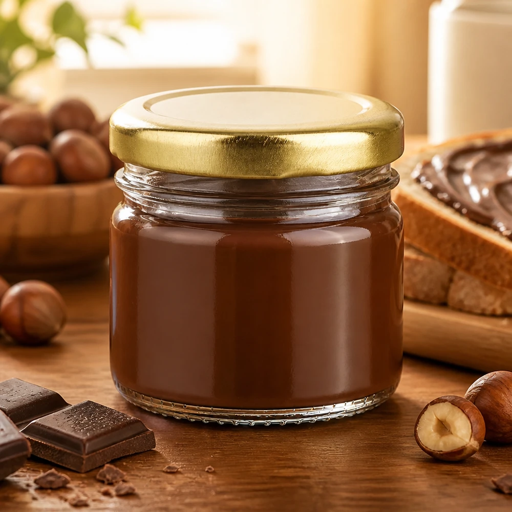 Creme de chocolate num frasco redondo de vidro de 33 ml com tampa BasicSeal dourada, ao lado de avelãs e chocolate