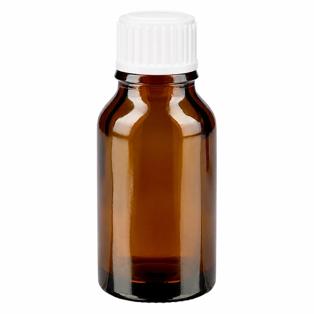 Frasco de vidro castanho de farmácia com 30 ml e tampa de rosca branca padrão de 11 mm