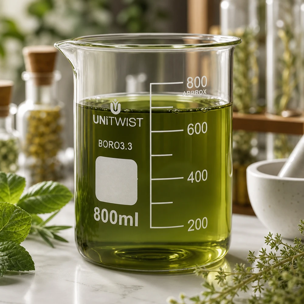 Copo 800 ml de borossilicato, baixo teor de bolor UNiTWIST Copo de vidro UNiTWIST de 800 ml, em borossilicato, de formato baixo, com extrato de ervas verdes rodeado por ervas frescas