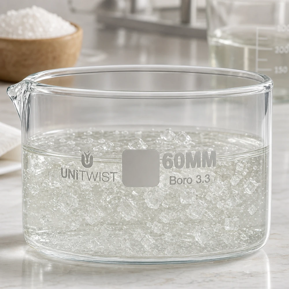 Prato de cristalização ø60mm em vidro borossilicato UNiTWIST Recipiente de cristalização Boro 3.3 UNiTWIST de 60 mm com esferas de gel de sílica hidratadas em água limpa