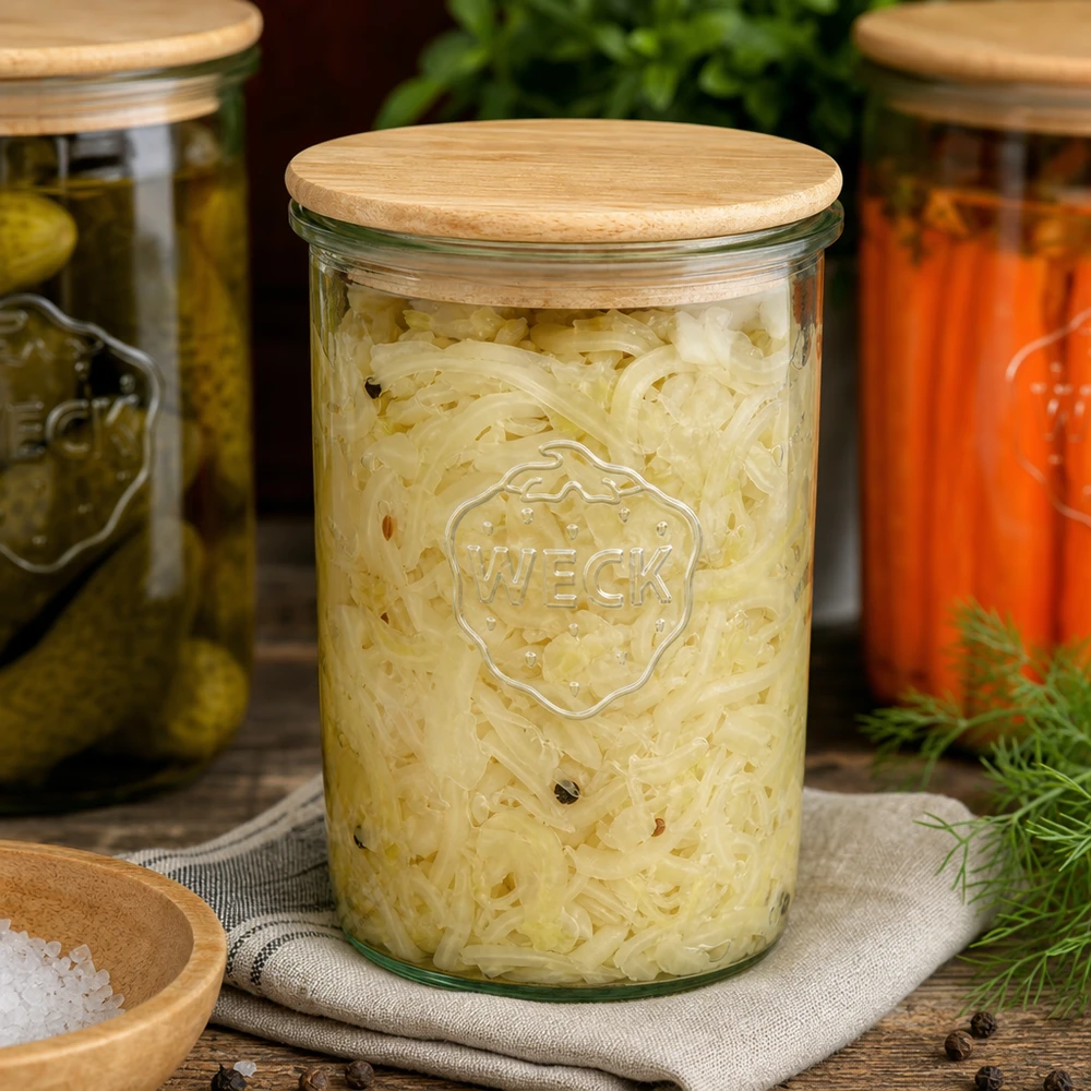 Copos de vidro WECK RR100 de 1000ml com tampa de madeira Frasco de conserva WECK de 1000 ml cheio de chucrute e tampa de madeira ao lado de pepinos e cenouras em conserva Fermentação